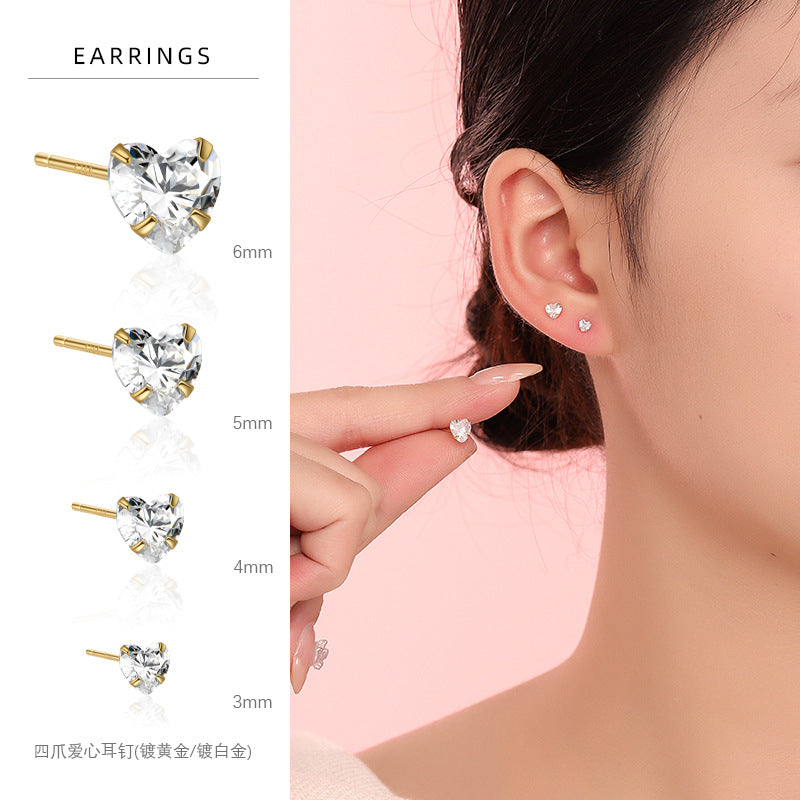 S925 鑲愛心形鋯石耳釘女韓版簡約高級感小巧養耳洞冷淡風耳飾