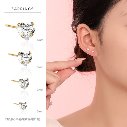S925 鑲愛心形鋯石耳釘女韓版簡約高級感小巧養耳洞冷淡風耳飾