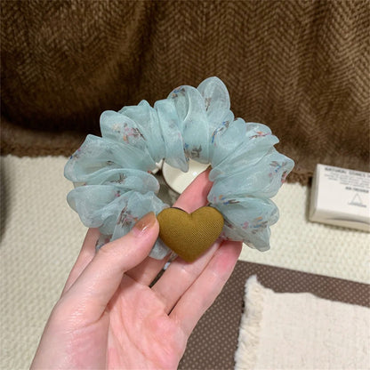 網紗愛心碎花髮圈－霧藍碎花款細節｜https://igowo.tw/