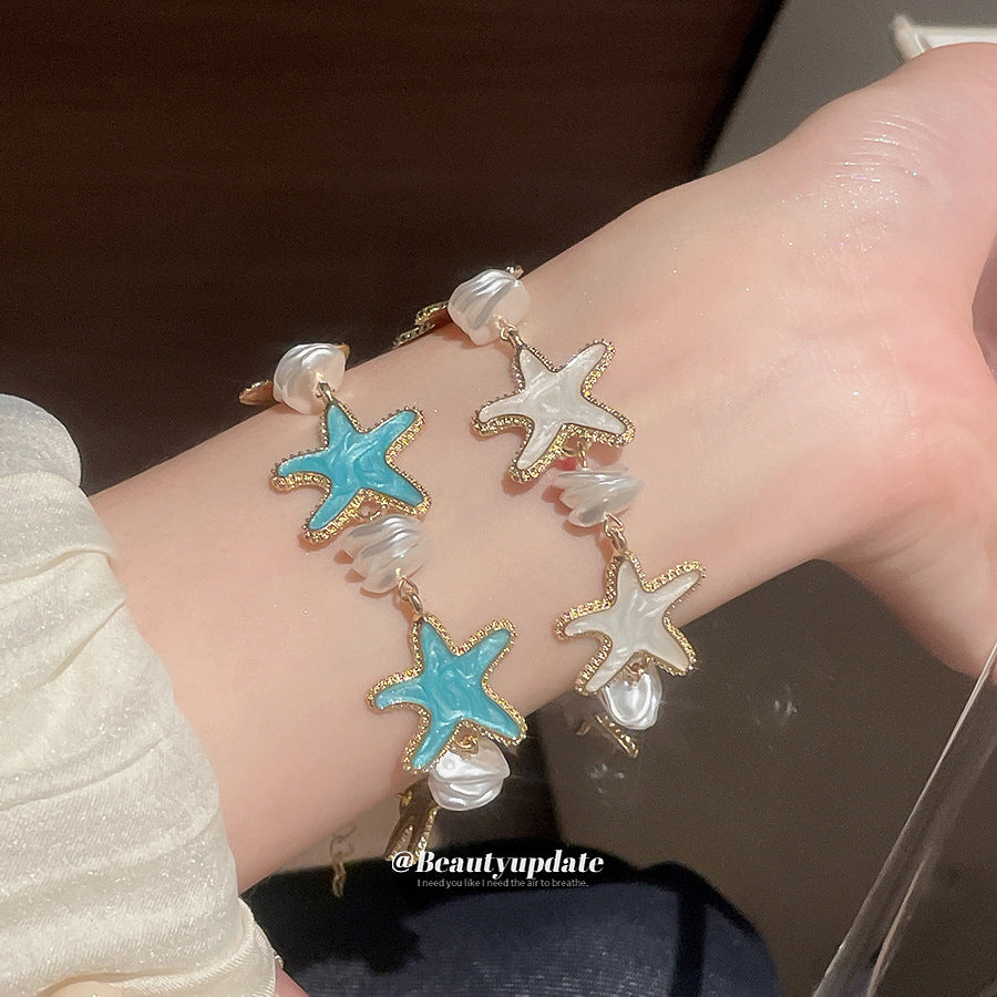 海洋系滴油海星珍珠手鏈海邊度假風手環高級感時尚串珠手飾百搭女