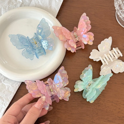 醋酸板材蝴蝶雙層髮夾－幻彩綠款實拍｜https://igowo.tw/