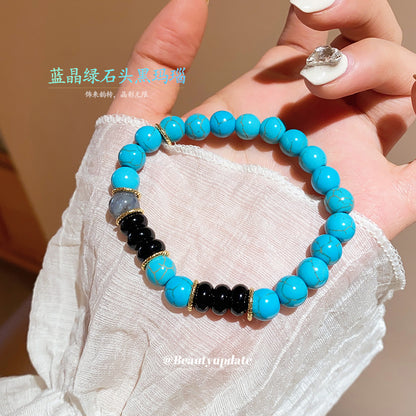 藍晶綠石頭黑瑪瑙幾何圓形串珠手鏈復古氣質手串小眾設計感手飾女