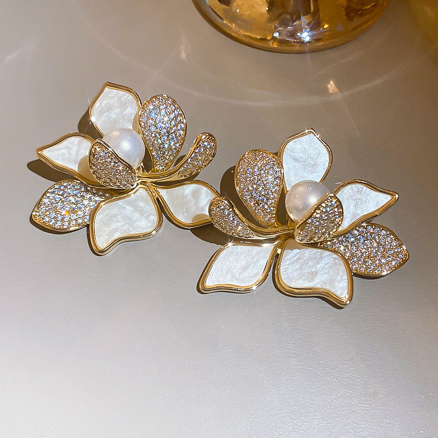 金色珍珠花朵電鍍耳釘