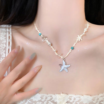 繽紛貝殼海星墜飾項鍊－15#項鍊-金色-藍色-海星款細節｜https://igowo.tw/