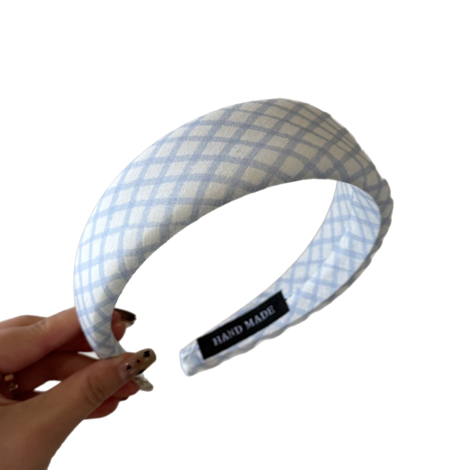 藍色格紋碎花髮箍－細格紋款細節｜https://igowo.tw/