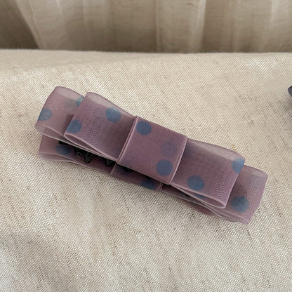 網紗波點蝴蝶結髮夾－粉色款細節｜https://igowo.tw/