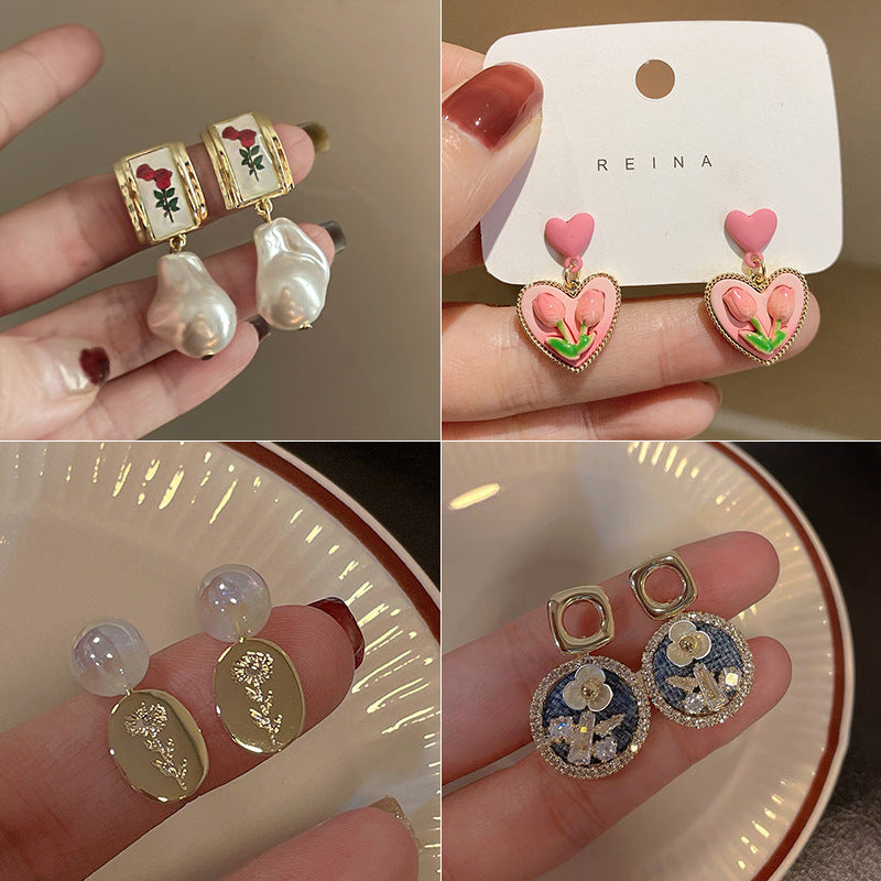 銀針水晶人魚姬珍珠花朵耳環韓國氣質簡約小巧耳釘耳墜清新耳飾女