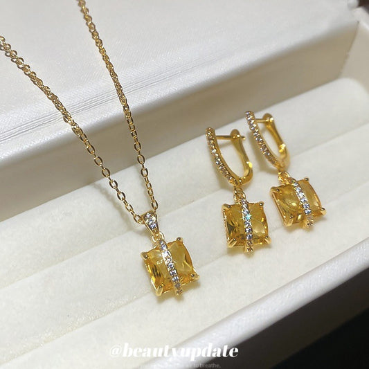 鋯石方形項鍊耳環組－商品主圖｜https://igowo.tw/