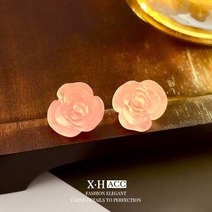 粉色銀針山茶花耳釘