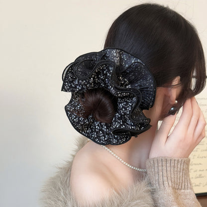 撞色網紗碎花髮圈－米白網紗碎花款實拍｜https://igowo.tw/