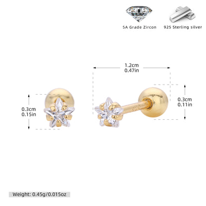 S925 五角星星鋯石耳釘女款簡約小巧氣質擰帽螺紋耳骨蝸釘飾品