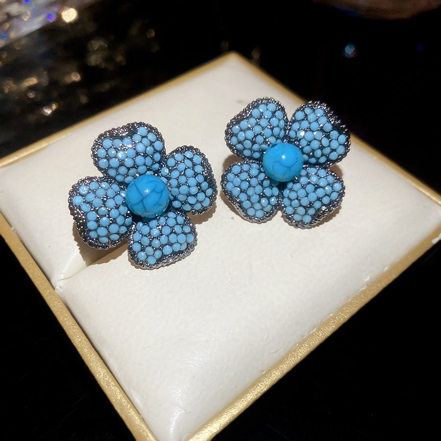 鋯石銀針花朵復古耳環