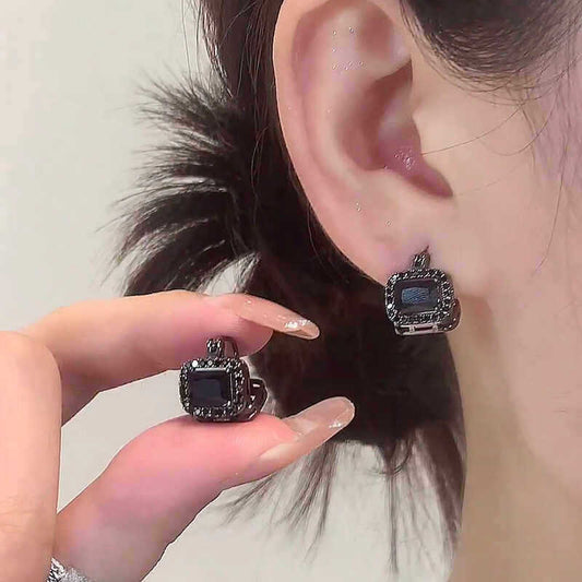 暗黑風鑲鉆方形耳扣個性時尚小眾潮流氣質百搭耳環輕奢高級感耳飾