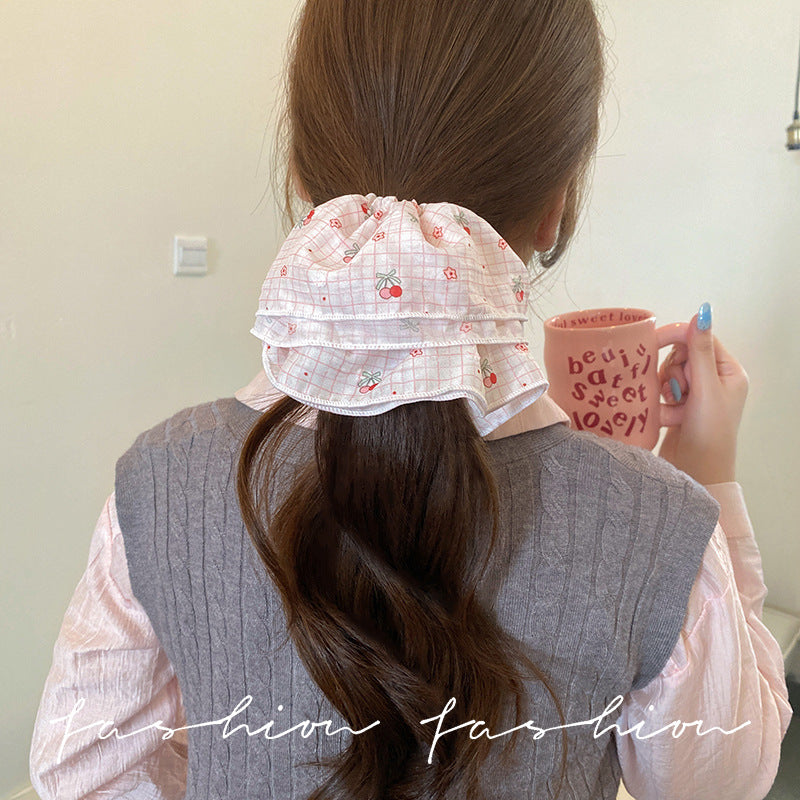 黃色櫻桃碎花髮圈－紅花款細節｜https://igowo.tw/