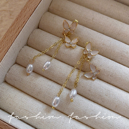 珍珠蝴蝶流蘇長版耳環