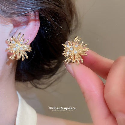 18k真金電鍍鋯石煙花珍珠耳夾時尚小眾氣質耳環輕奢高級感耳飾女