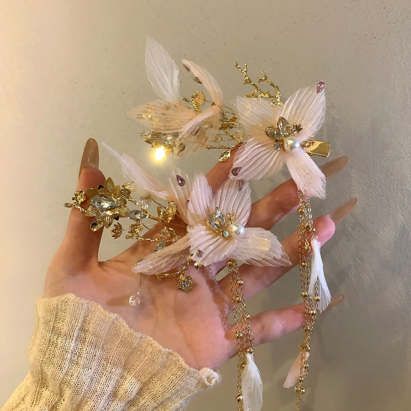 鑲鉆布藝珍珠花朵花瓣流蘇發夾超仙甜美氣質鴨嘴夾輕奢高級感發飾