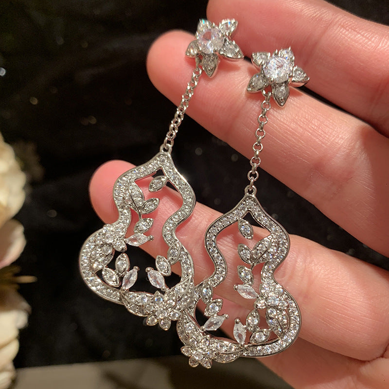 銀針鋯石花朵葫蘆流蘇耳環女新中式氣質耳釘高級感耳飾設計感小眾