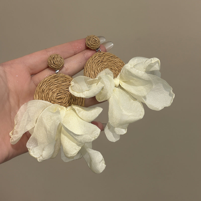 銀針雪紡拉菲草圓形吊墜耳釘海邊度假風耳環個性時尚百搭布藝耳飾