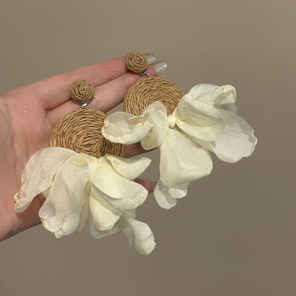 銀針雪紡拉菲草圓形吊墜耳釘海邊度假風耳環個性時尚百搭布藝耳飾