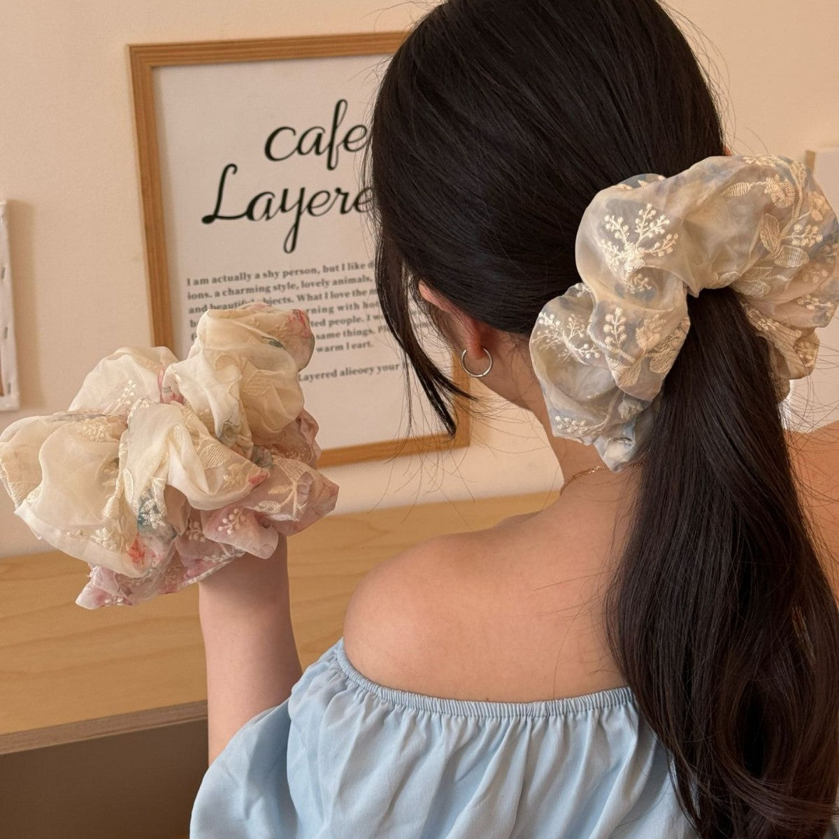 網紗大腸圈刺繡髮圈－第二視角實拍｜https://igowo.tw/