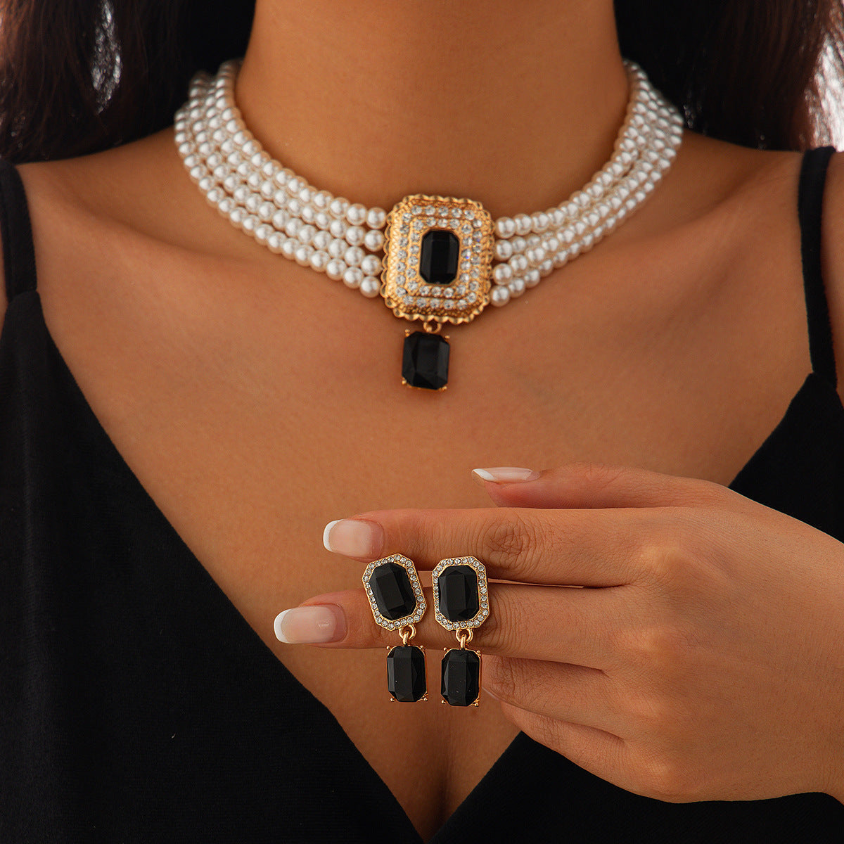 珍珠鋯石方形復古項鍊