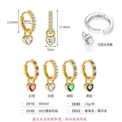 S925 多巴胺彩色鋯石愛心耳環女歐美時尚小眾簡約心形耳扣