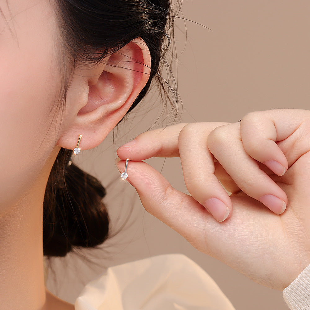 S925 簡約鋯石耳釘女ins風時尚輕奢高級感睡覺免摘鍍18k金耳飾