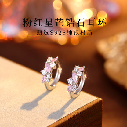 S925 粉紅星芒鋯石耳環2025新款女小眾設計輕奢高級感耳環耳飾