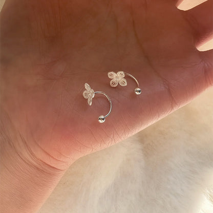 素銀四葉草u型耳釘雙耳洞一體耳環螺絲養耳洞耳骨釘二孔耳飾批發
