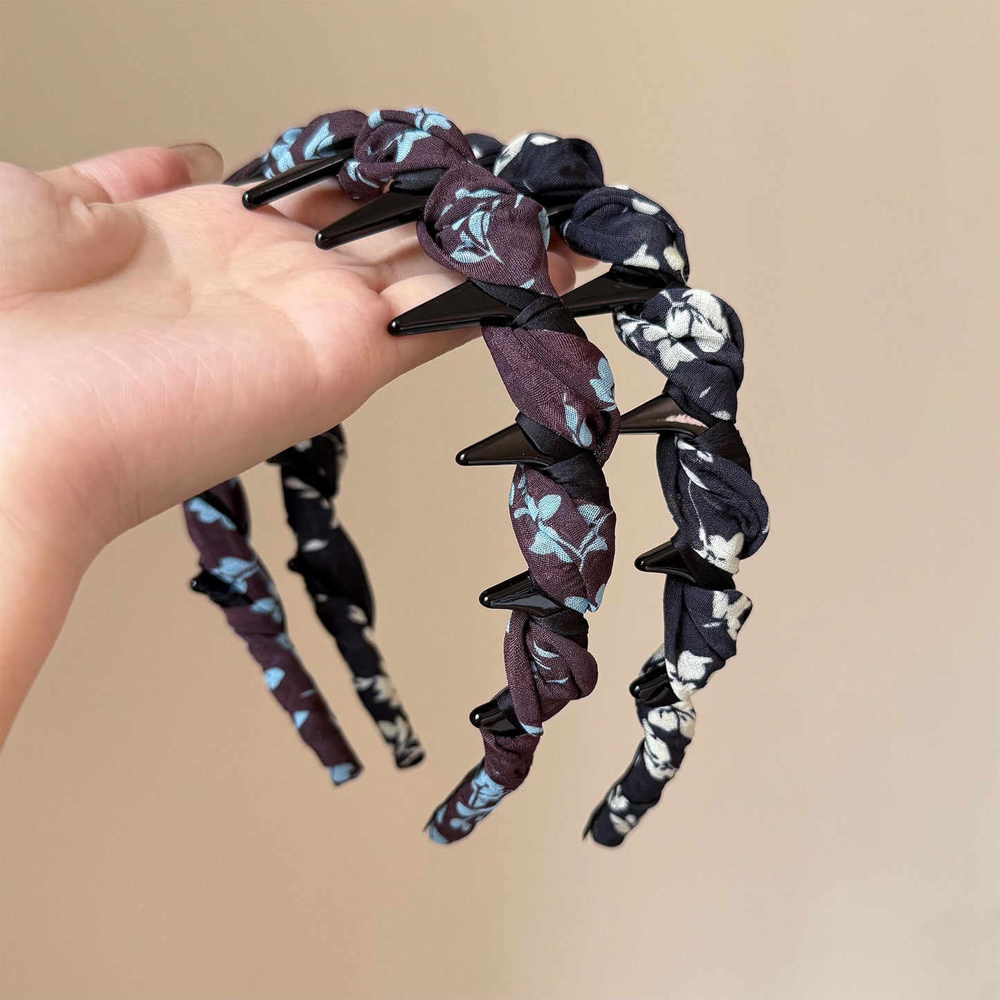網紗纏繞髮箍－藍咖網紗印花款實拍｜https://igowo.tw/