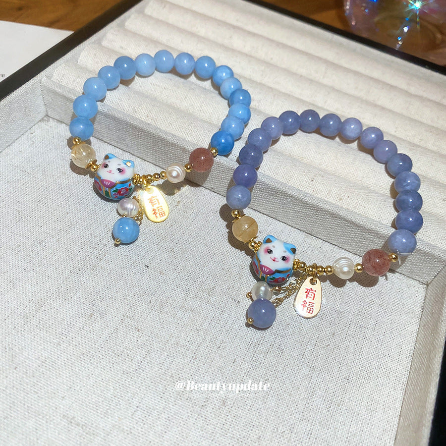 有福招財貓圓形珍珠串珠手鏈女高級感輕奢手環小清新甜美氣質手飾