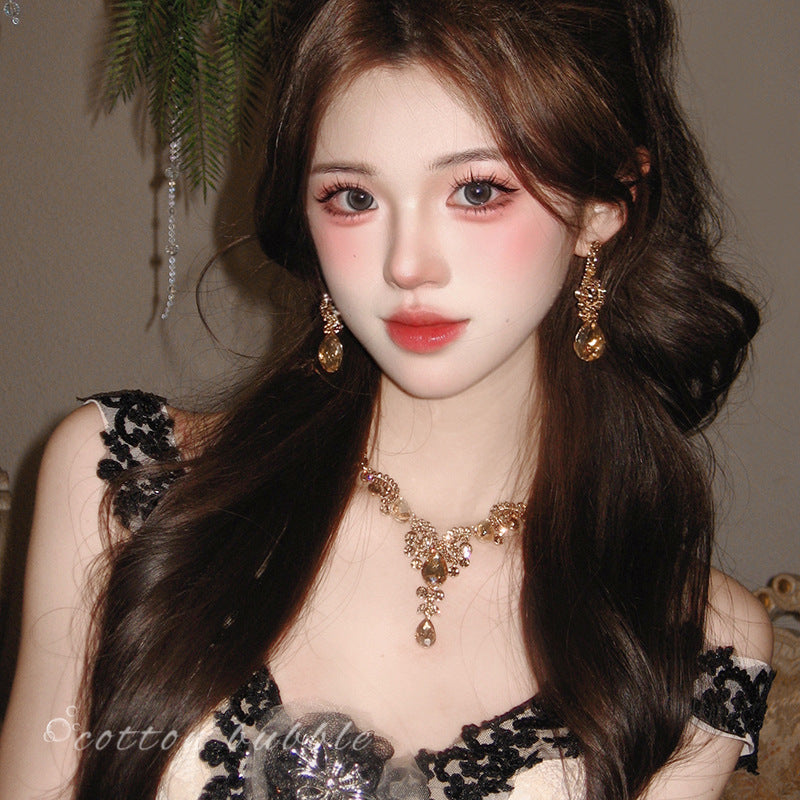 藍色眼淚~鑲鉆水滴耳環項鏈女復古輕奢高級感鎖骨鏈晚宴禮服配飾