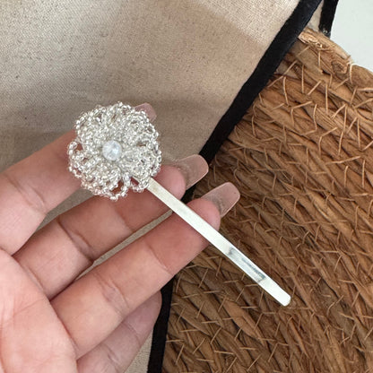 珍珠串珠花朵一字髮夾