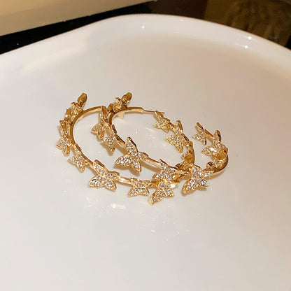 銀針蝴蝶拼接圓形鑲鉆耳圈韓國夸張設計感耳環甜美個性氣質耳飾女