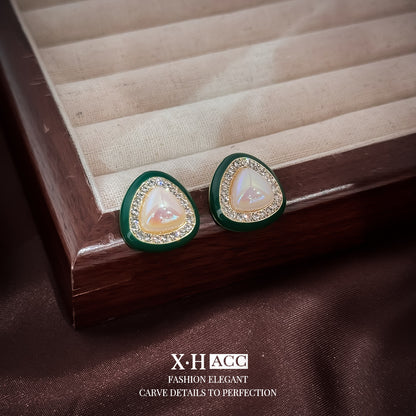 綠色珍珠幾何鑲鑽耳釘