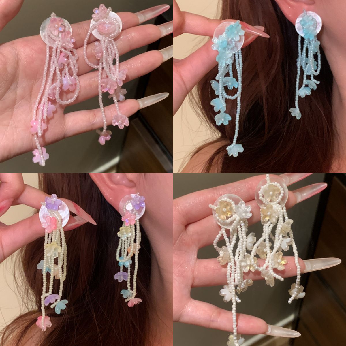 早春色調~銀針水晶流蘇花朵耳環海邊度假風耳釘小眾高級感耳飾女