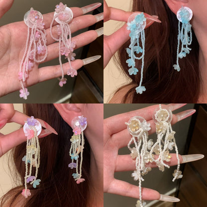 早春色調~銀針水晶流蘇花朵耳環海邊度假風耳釘小眾高級感耳飾女