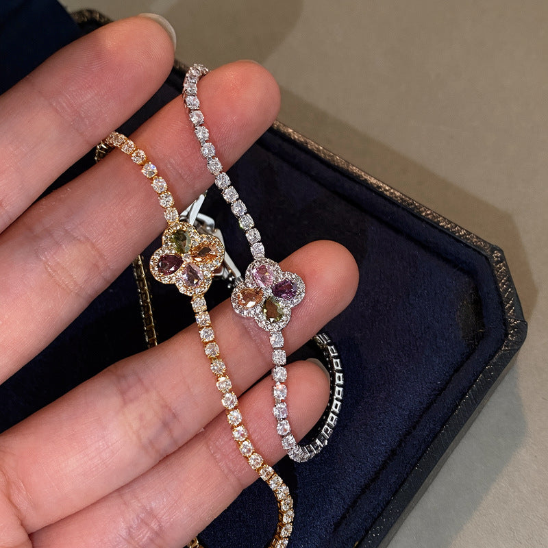 彩色鋯石花朵手鍊－手鍊-銀色-彩色款實拍｜https://igowo.tw/