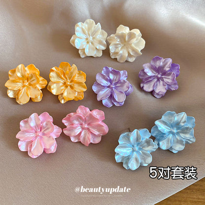 5對裝~銀針多巴胺樹脂花朵耳釘套裝清新甜美耳環輕奢高級感耳飾女