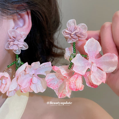 銀針水晶布藝花朵耳釘清新甜美優雅海邊度假風耳環輕奢高級感耳飾