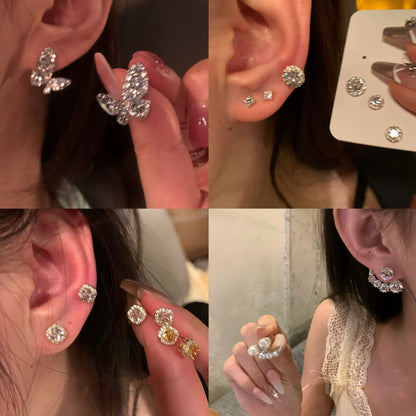 銀針超閃鑲鉆牛角不對稱珍珠耳釘女冷淡風小眾耳環輕奢高級感耳飾