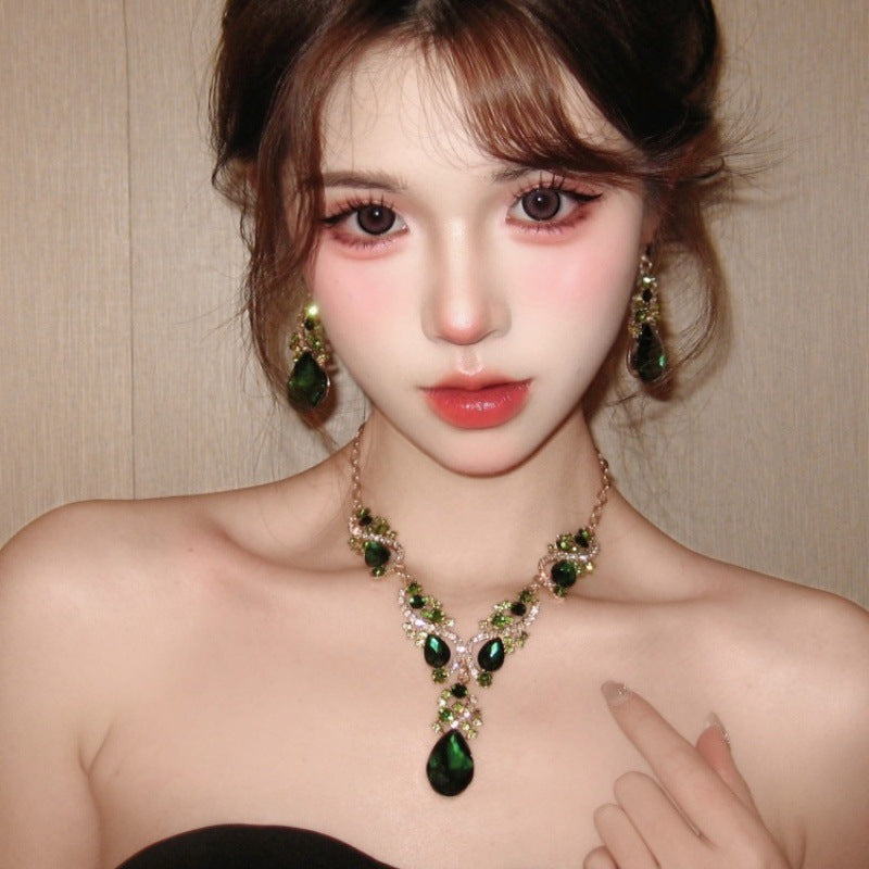 藍色眼淚~鑲鉆水滴耳環項鏈女復古輕奢高級感鎖骨鏈晚宴禮服配飾
