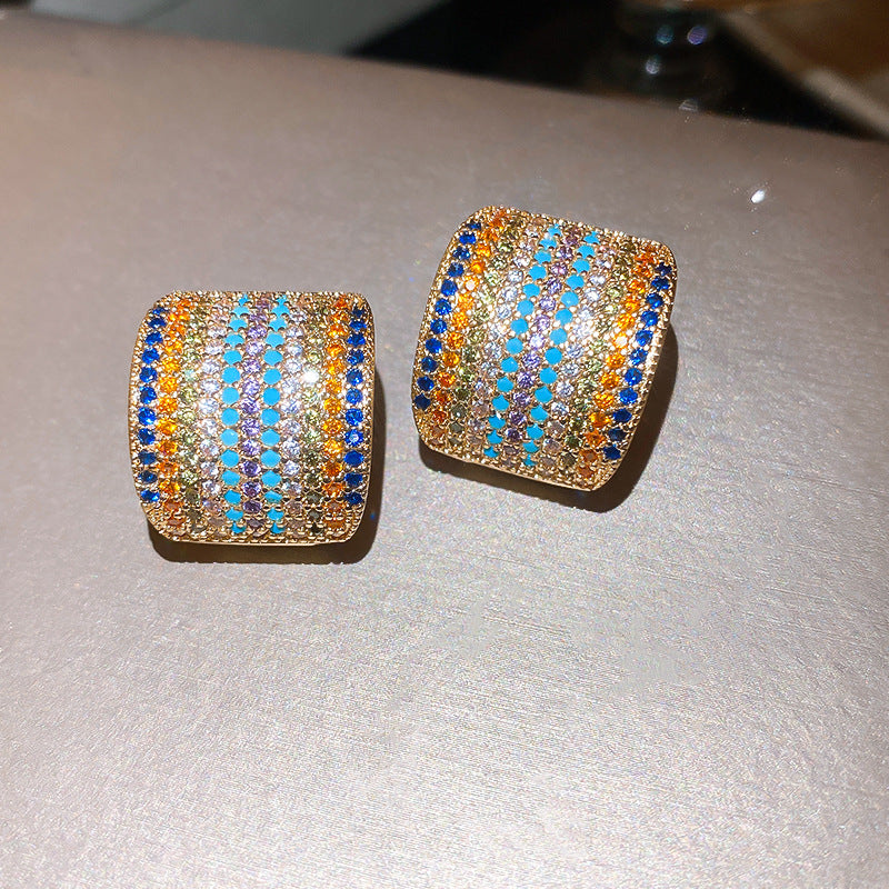 銀針鋯石方形彩色寶石耳釘中古vintage復古耳環輕奢高級感耳飾女
