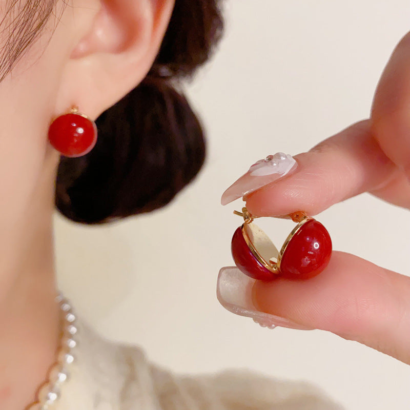 紅色圓珠復古簡約耳扣－商品主圖｜https://igowo.tw/