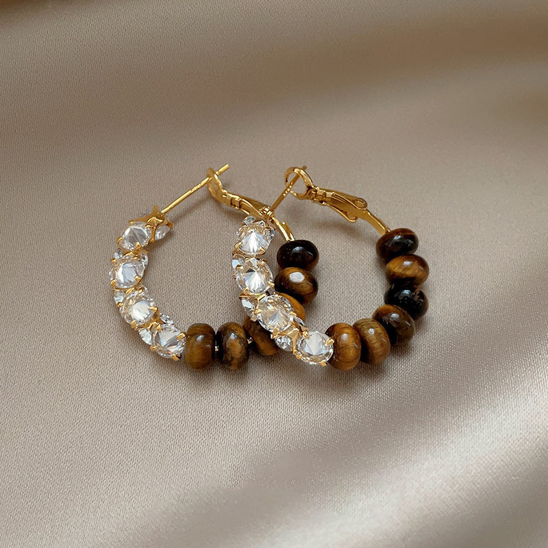 銀針鋯石虎眼石圓形耳環輕奢高級感耳釘美拉德復古時尚耳圈耳飾女