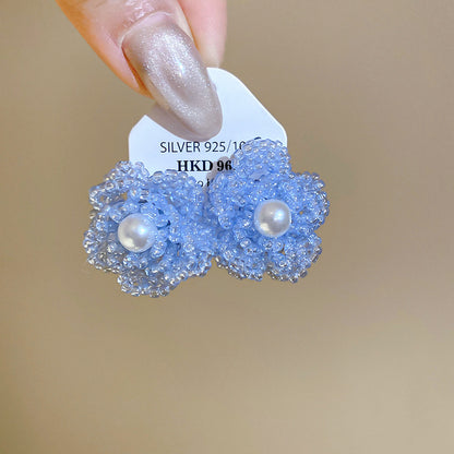 耳畔生花~銀針水晶花朵珍珠編織簡約耳釘清新甜美風耳環超仙耳飾