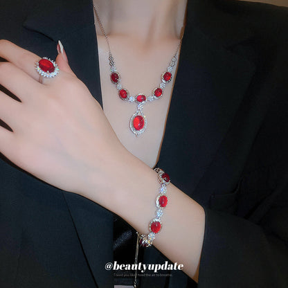 鑲鋯石紅色寶石花朵戒指手鏈項鏈女ins風法式手環高級感飾品套裝