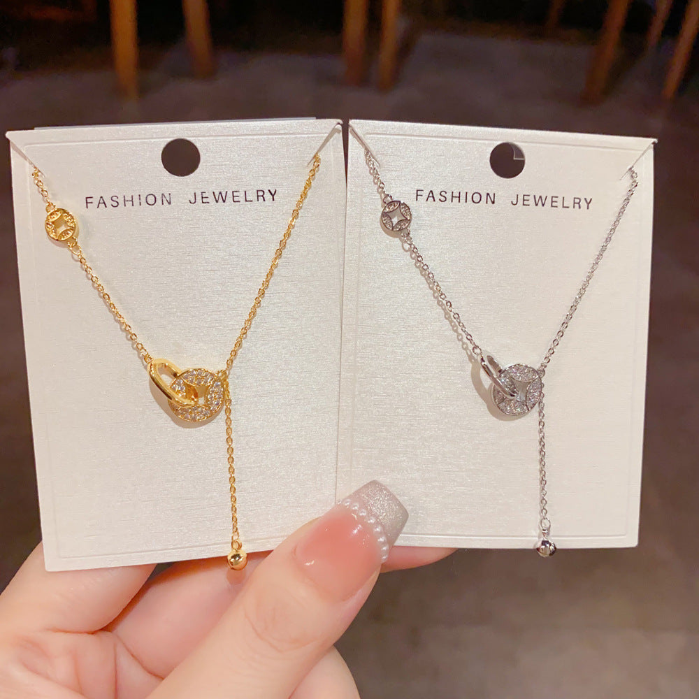 鋯石古錢雙環流蘇項鍊－商品主圖｜https://igowo.tw/
