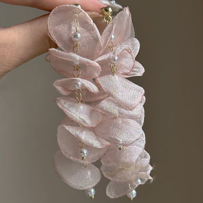 銀針粉色雪紡花朵流蘇耳釘小清新甜美度假風耳環輕奢高級感耳飾女